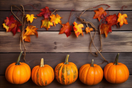 season plant wood wooden orange autumn leaf fall background pumpkin halloween. Generative AI.の素材