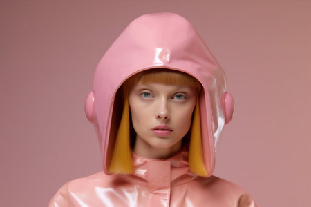 portrait woman latex beauty art colourful face fashion hat creative glasses. Generative AI.の素材