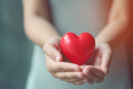 valentine woman cardiogram love hold care hand transplant donor red health. Generative AI.の素材