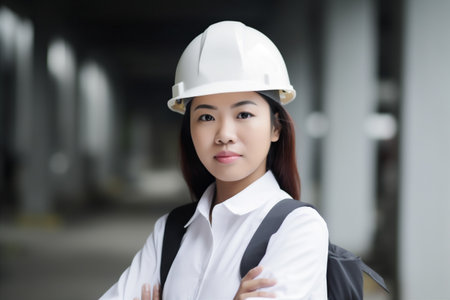 woman helmet engineer portrait business asian job smile industry industrial female. Generative AI.の素材