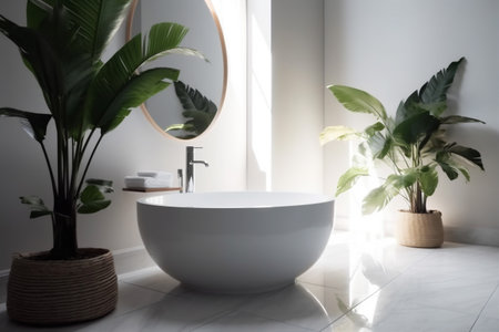 home product bathroom interior tropical clean leaf green design white sink. Generative AI.の素材