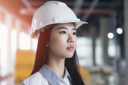 industrial woman portrait industry safety engineer smile asian helmet job business. Generative AI.の素材
