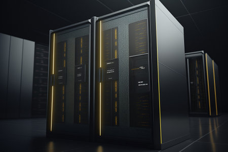 Computer in the data center. Cloud computing service on a large server farm. Cyber ââsecurity at night, neon illumination, cyber space, data storage, new technologies. Generative AIの素材