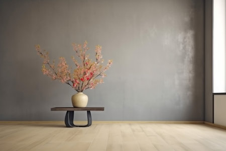 parquet plaster vase space home contemporary interior design table wall decor copy. Generative AI.の素材