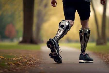 A man with a bionic leg prosthesis goes in for sports fitness jogging in the park, limb amputation, healthy lifestyle. Generative AI.の素材