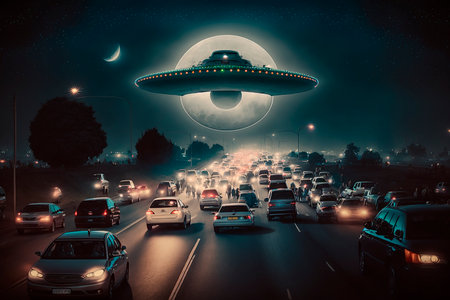 UFO night flying saucer in the dark sky over the road with cars, contact with aliens, another civilization, cover illustration. Generative AI.の素材