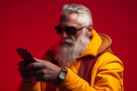 mobile man phone claus christmas smartphone holiday year merry glasses santa. Generative AI.の素材