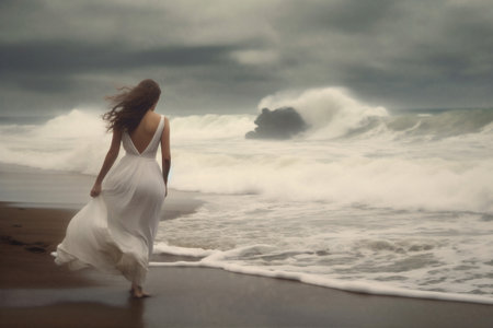 sea woman dress storm sunlight beach sky cloud ocean nature summer. Generative AI.の素材