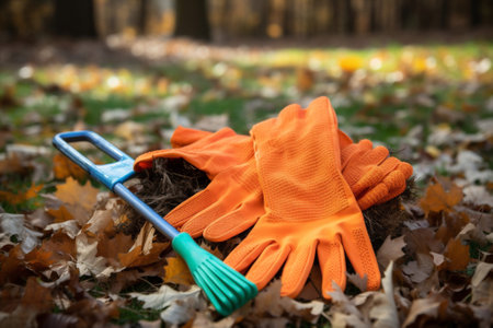 Autumn rake work fall foliage cleaning tool gardening seasonal leavesの素材