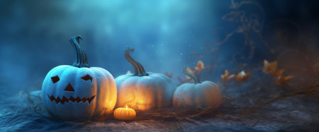 pumpkin background horror fear mystery halloween silhouette table evil night blue. Generative AI.の素材