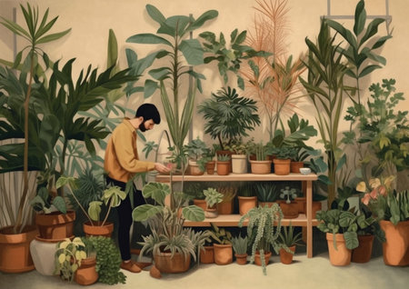 houseplant woman pot flower gardener hobby work entrepreneur botanist florist indoor. Generative AI.の素材