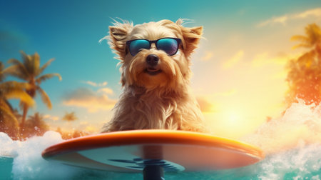 dog puppy animal surfer vacation ocean summer funny beach wave. Generative AI.の素材