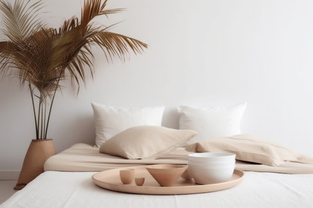table design modern style bed furniture interior rattan palm tray home. Generative AI.の素材