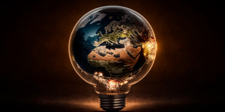 Earth hour, ecology and environment concept. Blue planet Earth in space in a glowing light bulb on a black background, earth day. Generative AI.の素材