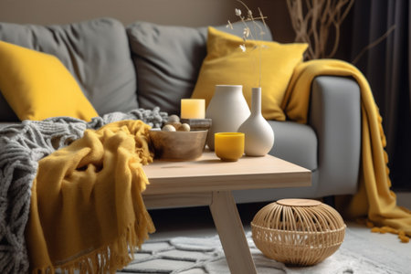modern house pillow home chair yellow interior decor sofa grey cushion. Generative AI.の素材
