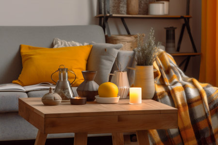 home grey interior decor cushion pillow yellow living sofa modern house. Generative AI.の素材