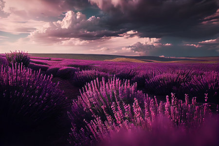 Large lavender field, green plantation eco farm, sunset sunlight, summer flowering field. Generative AIの素材