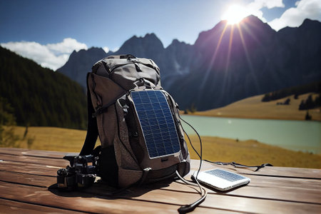 A backpack with a solar battery charging on a wooden table against the backdrop of mountains, tourism and hiking in the mountains on nature with solar energy technologies. Generative AIの素材