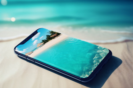 palm up holiday cyber concept creative sea summer phone sand mock. Generative AI.の素材