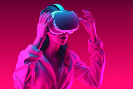 woman game reality virtual black innovation vr sport glasses neon digital. Generative AI.の素材