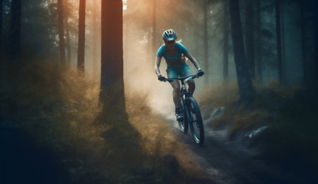 woman active forest walking dark bicycle sport sunset bike cycling summer. Generative AI.の素材
