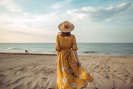 woman lifestyle beautiful beach summer hippie person dress resort fashion sea. Generative AI.の素材