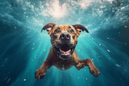 dog vacation fun pool funny swimming snorkeling underwater water puppy. Generative AI.の素材