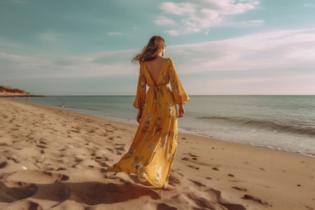 woman sea lifestyle summer dress travel hippie person beautiful fashion beach. Generative AI.の素材