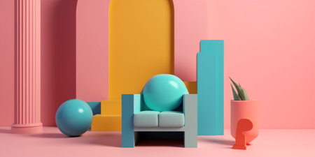 sofa colourful room home art interior concept design geometric armchair memphis. Generative AI.の素材