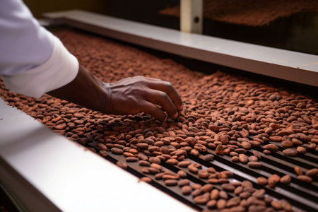 production food factory manufacturing industry cocoa sweet chocolate bean industrial. Generative AI.の素材