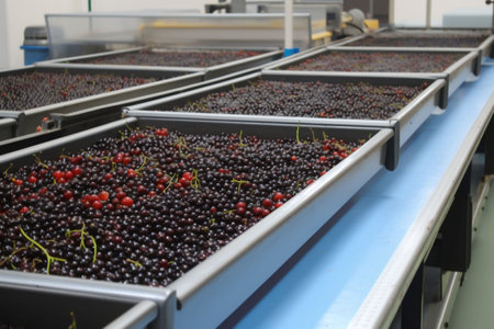 production food conveyer equipment fruit berry factory industry process work. Generative AI.の素材