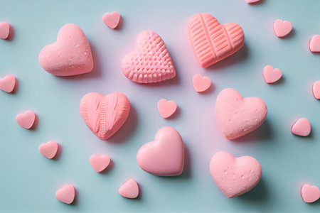 Pastel colored chocolates in icing and meringue baking sweets pink and blue on a plain background flat lay. Generative AIの素材