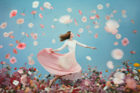 woman flower falling spring fashion flying peony beauty art colorful concept. Generative AI.の素材
