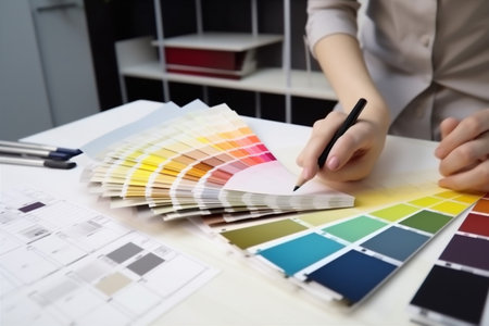 woman sample color palette interior choice project design selection swatch designer. Generative AI.の素材