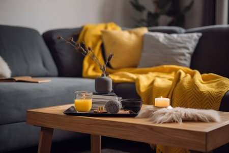 house decor grey home pillow room yellow cushion interior sofa modern. Generative AI.の素材