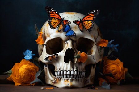 bone design halloween skeleton art illustration death skull flower butterfly. Generative AI.の素材