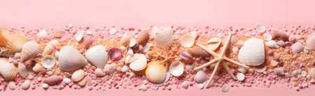 nature holiday tropical sea ocean sand beach banner summer shell. Generative AI.の素材