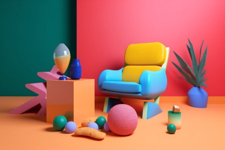 art geometric interior room sofa illustration memphis design colourful home armchair. Generative AI.の素材
