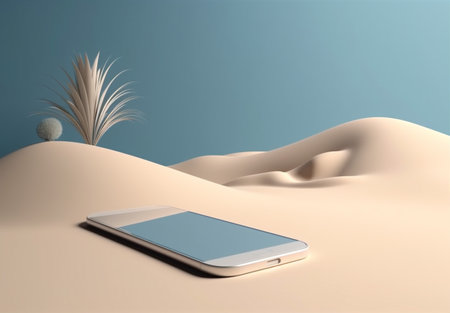 concept sand sea palm summer creative cyber holiday mock up phone. Generative AI.の素材
