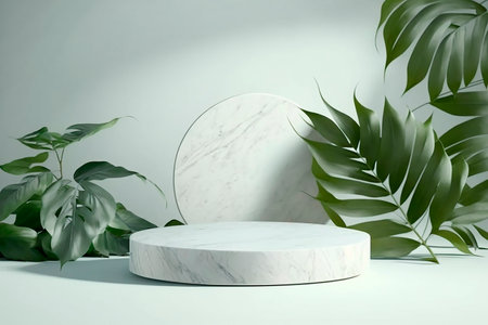 Stone marble catwalk, cosmetics stand with green palm leaves on a light green background, modern mockup, copy space. Generative AI.の素材