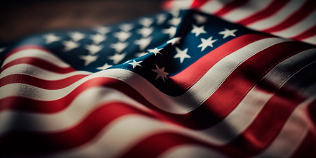 Waving the American flag United States of America in close-up. National holiday U.S. Independence Day, Freedom and Equality, Constitution Day. Generative AI.の素材