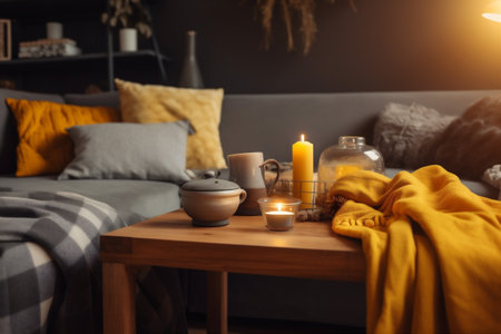 floor grey home house yellow modern sofa decor pillow interior cushion. Generative AI.の素材