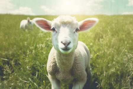 green lamb sun farm grass wool sheep animal meadow field. Generative AI.の素材