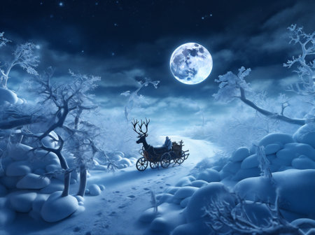 santa reindeer claus night december claus gift winter holiday christmas sleigh. Generative AI.の素材