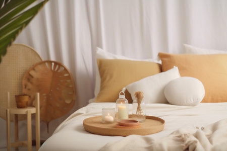 design palm rattan furniture wall table tray modern interior bed home. Generative AI.の素材
