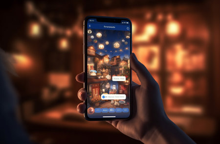 woman man app dating smartphone bokeh mobile technology online phone like application. Generative AI.の素材