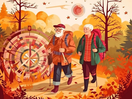 old active elderly grandfather walking senior happy hiking couple trekking. Generative AI.の素材