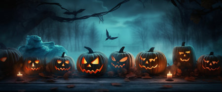 horror halloween blue evil background october table mystery pumpkin night fear. Generative AI.の素材