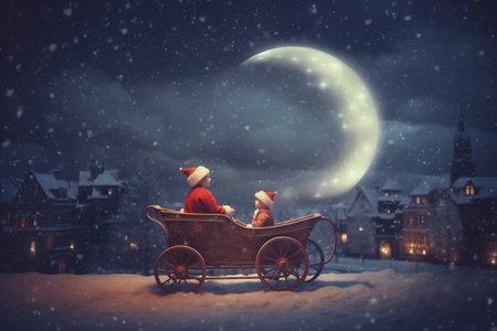 winter snow moon year holiday night child claus magic christmas. Generative AI.の素材
