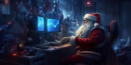 laptop santa christmas house happy family home character holiday communication. Generative AI.の素材